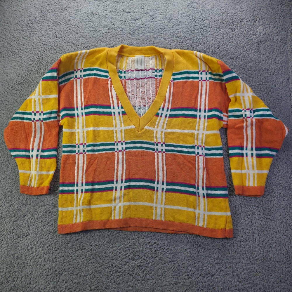 Vintage Clifford & Wills Yellow Orange Plaid Cotton V-Neck Sweater XL USA Made